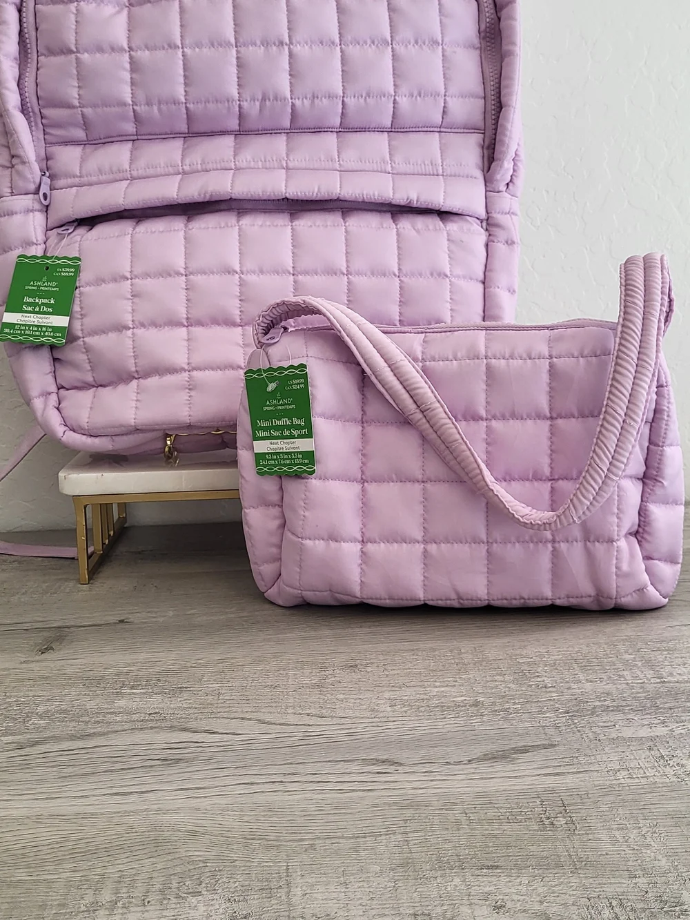 Quilted Large Backpack And Mini Duffle Bag in Light Lavender